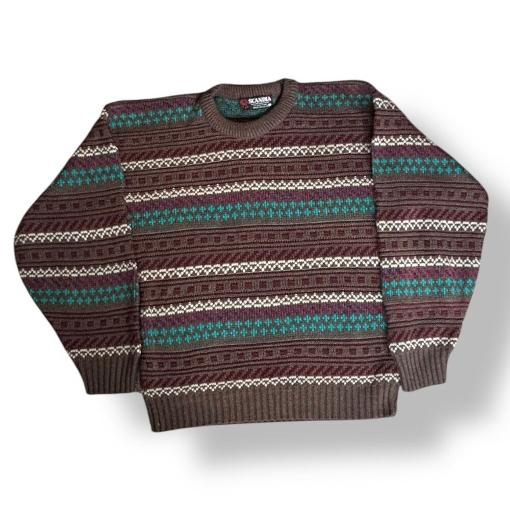 Vintage Fair Isle Crewneck Sweater Brown Turquoise Unisex Indie Lightweight